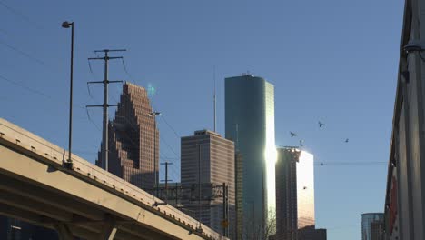 Low-angle-aerial-view-of-downtown-Houston