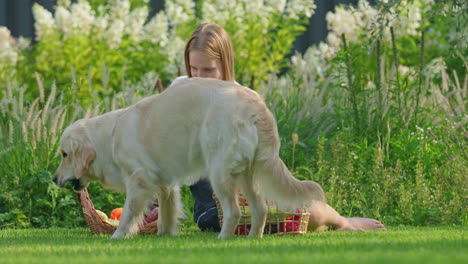 girl and dog enjoying a picnic in the garden