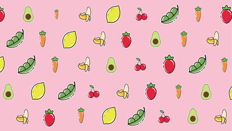 animation of diverse cartoon food floating on pink background