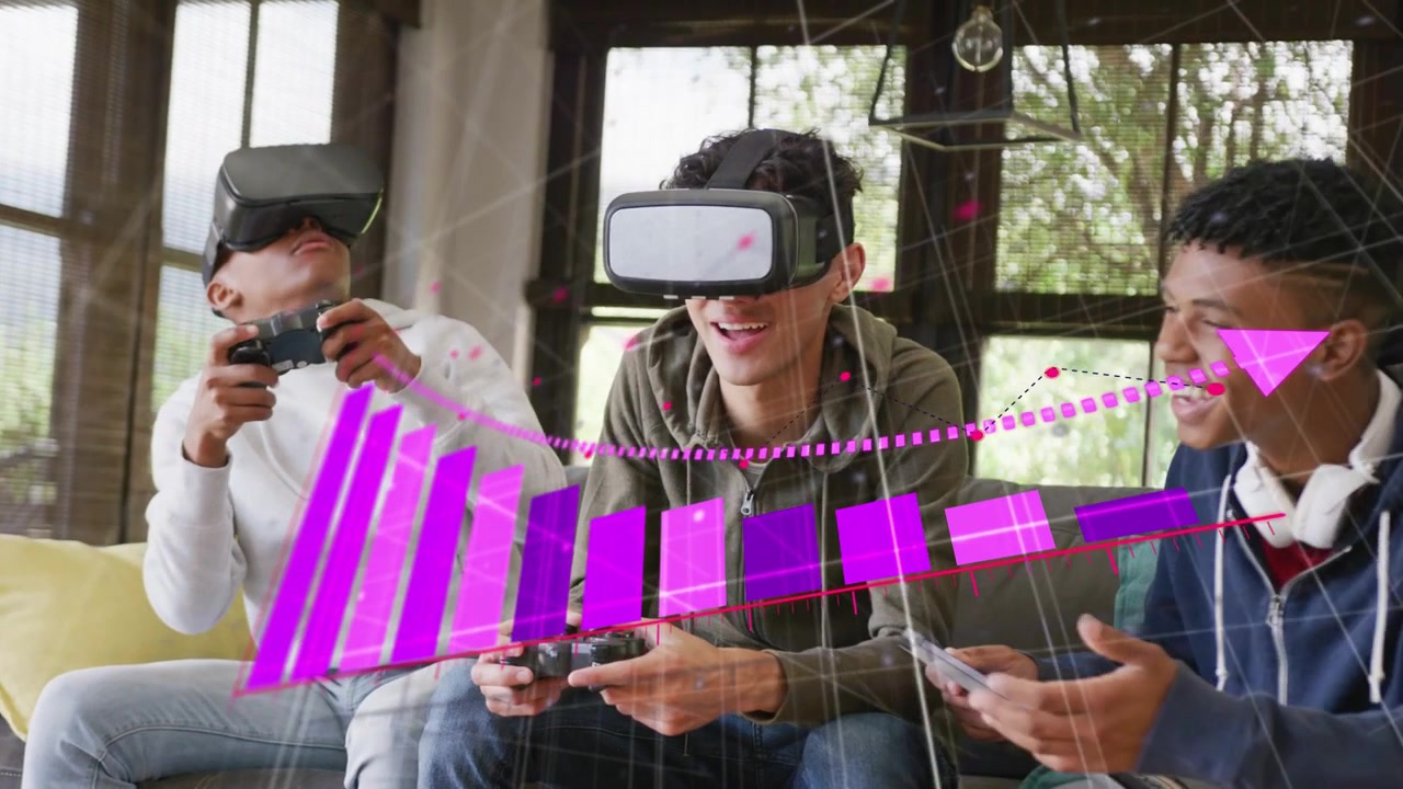 Tre adolescenti che giocano in VR premendo i controller, con un HUD viola che traccia i progressi e suscita sorrisi