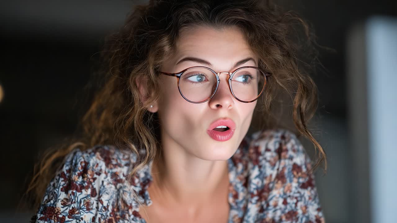 Una giovane donna con gli occhiali, catturata dallo schermo del computer, passa dalla curiosità alla gioia in due fotogrammi di un momento coinvolgente