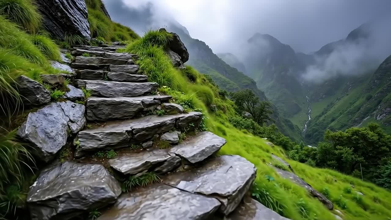 A set of stone steps leading up to the top of a mountain
