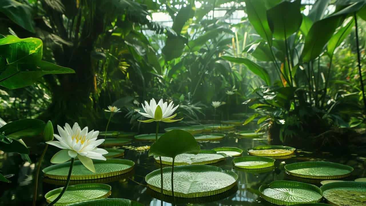 White water lilies nestling among lush greenery, radiating tranquil beauty within tropical greenhouse environment, showcasing delicate aquatic plant ecosystem with vibrant botanical elegance