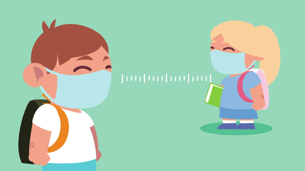 아이들은 마스크를 착용하고 사회적 거리를 유지합니다.