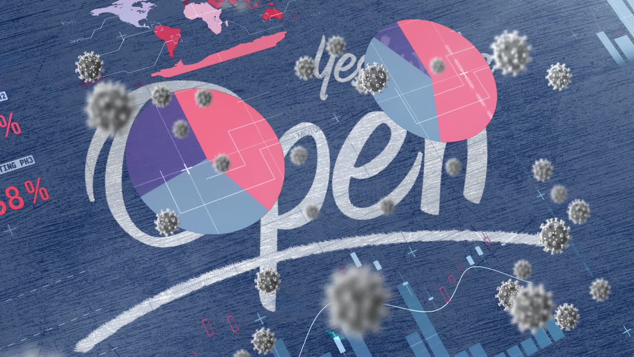 매크로 코로나19 세포 위의 텍스트 오픈 및 다이어그램의 애니메이션