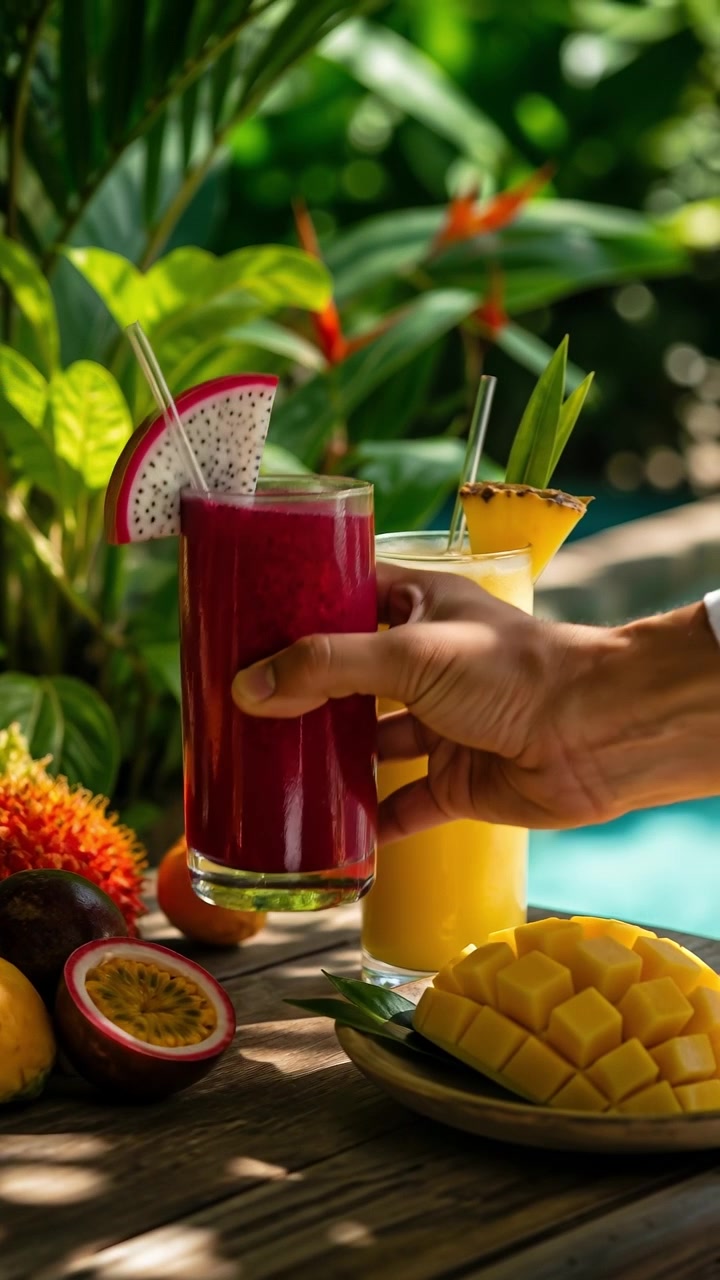 Una mano che prende un bicchiere di frullato fresco tropicale al frutto del drago accanto a un mango e a una piscina