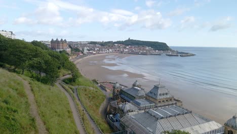 aerial of scarborough spa, south bay town, beach, harbor and castle