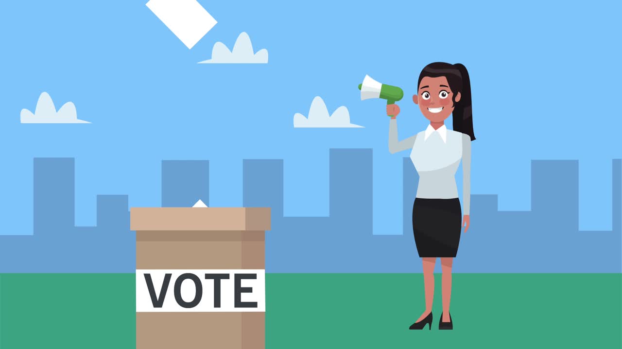 메가폰과 투표 상자를 들고 있는 여성 후보자