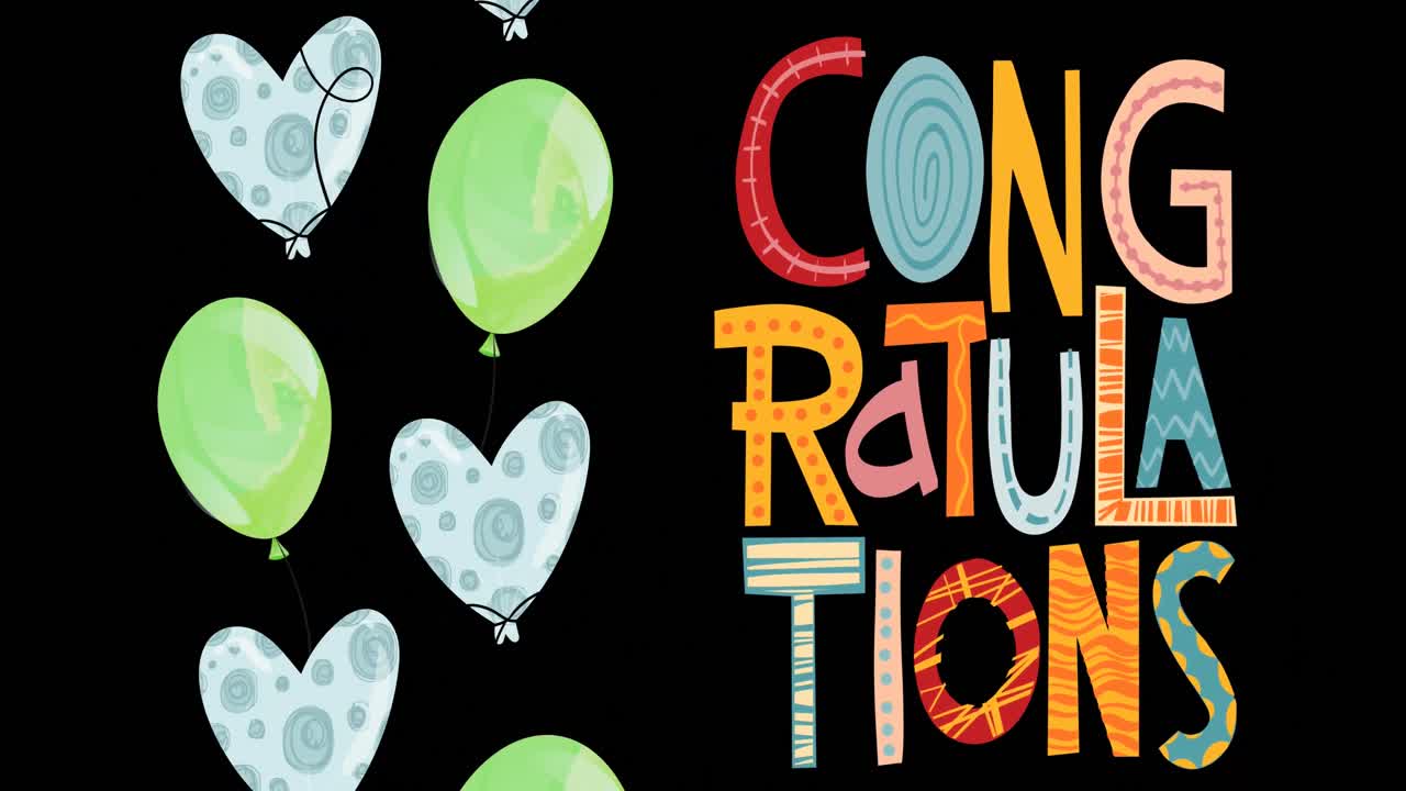 animación de texto de felicitaciones sobre globos verdes sobre fondo negro.