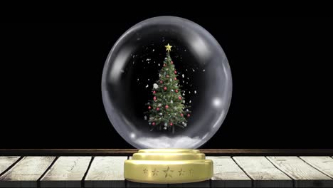 Animation-of-christmas-snow-globe-with-christmas-tree-and-snow-falling-on-black-background