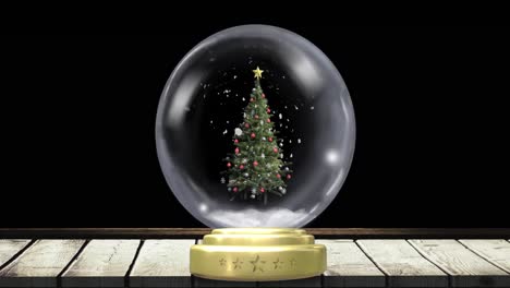 animation of christmas snow globe with christmas tree and snow falling on black background