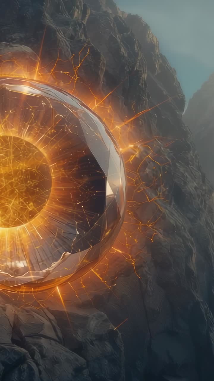 Vertical video: Bursting metallic artifact revealing molten core rotating at cliff, emitting sparks