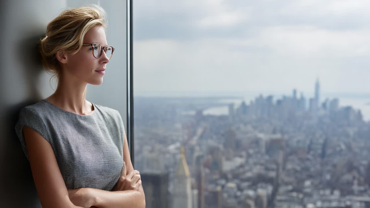 A Thoughtful Moment: A Woman Gazes Out Over a City Skyline, Reflecting on Life's Opportunities and Urban Beauty in a Contemporary Urban Setting