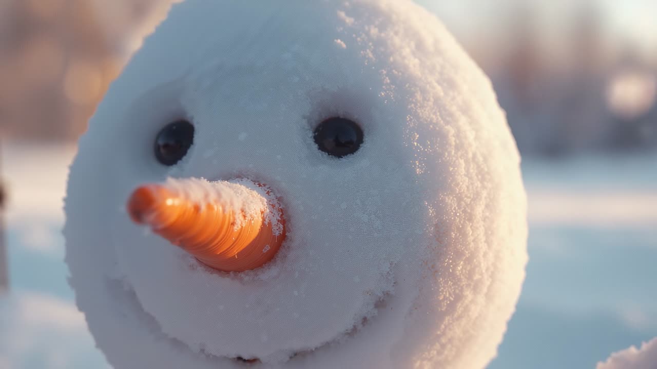 Pulling back from snowman head, camera revealing coal eyes carrot nose twig arms against forest