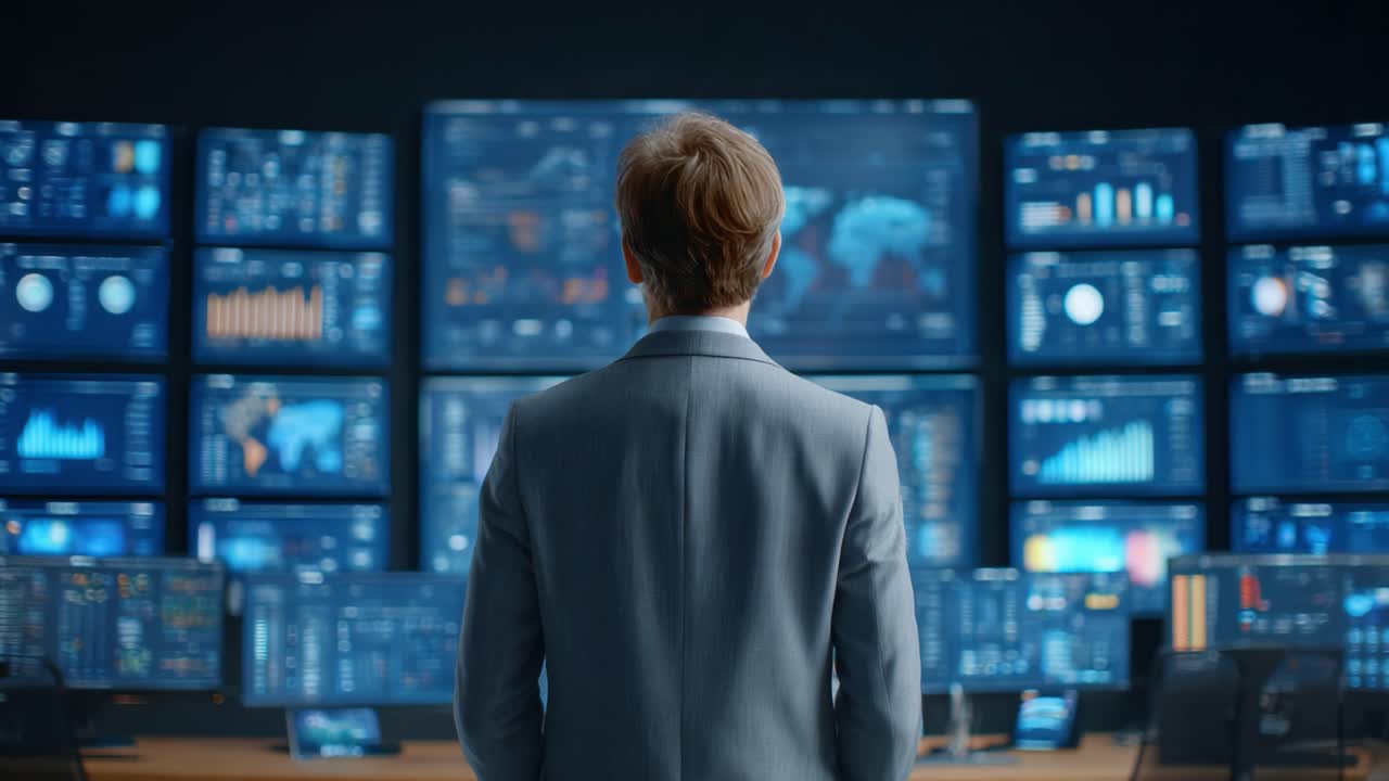 A focused professional standing before an array of dynamic digital displays, analyzing comprehensive data analytics and metrics in a high-tech monitoring environment