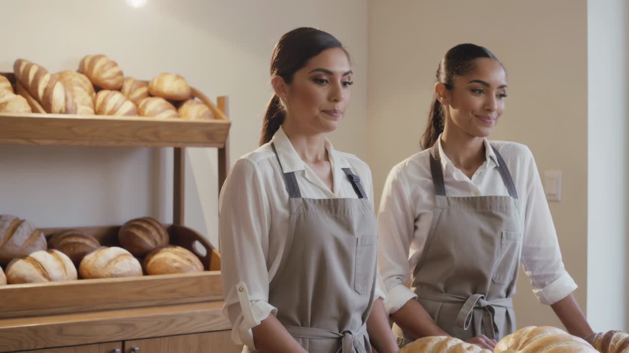 Percebendo a entrada, dois funcionários da padaria com camisas brancas e aventais bege virando-se e sorrindo com pães.