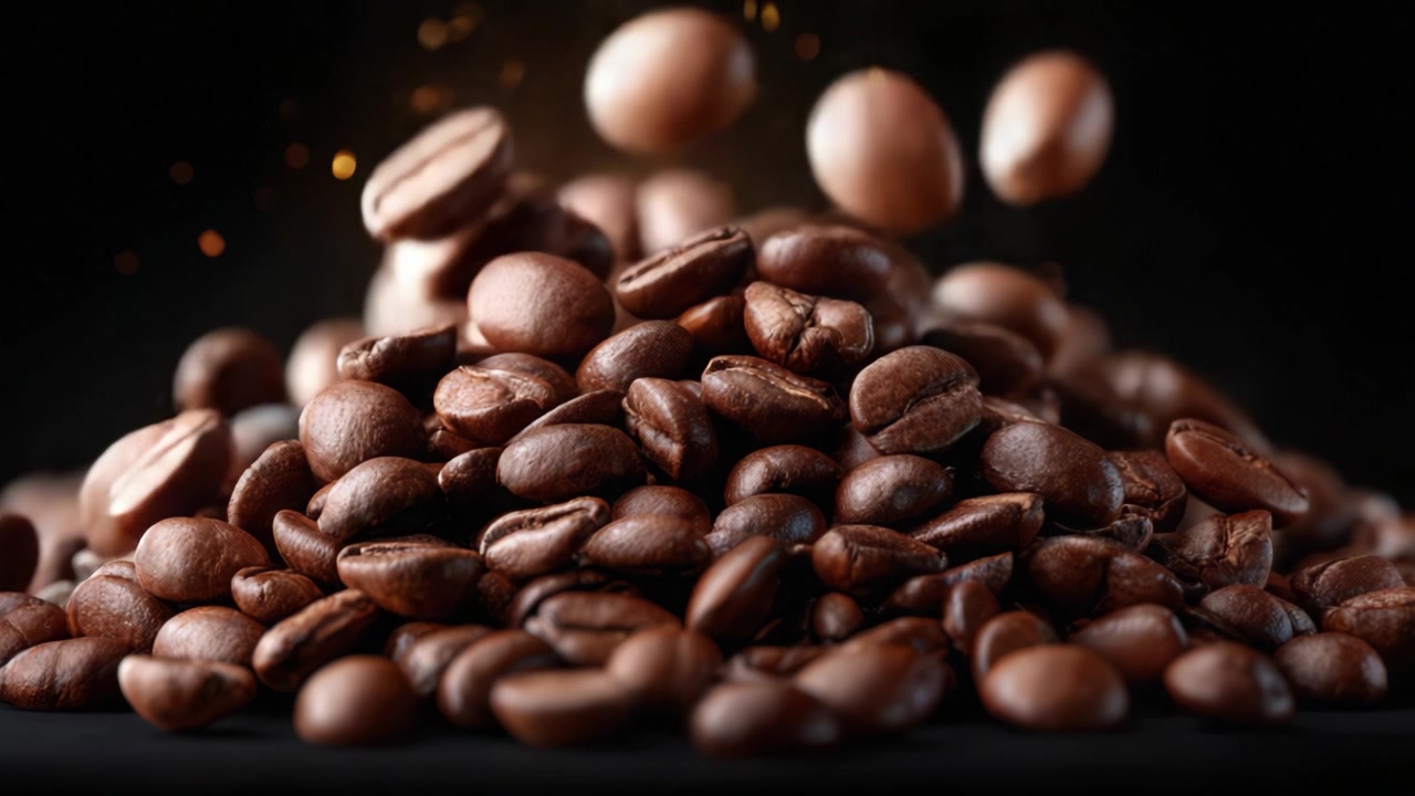 Et nærbillede af friskristede kaffebønner, der viser deres rige tekstur, farve og den lette glans af olier, sat mod en dramatisk sort baggrund