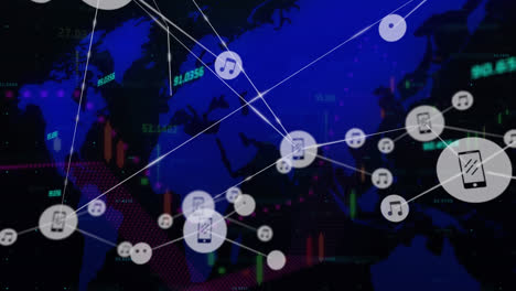 animation of network of digital icons and financial data processing against world map