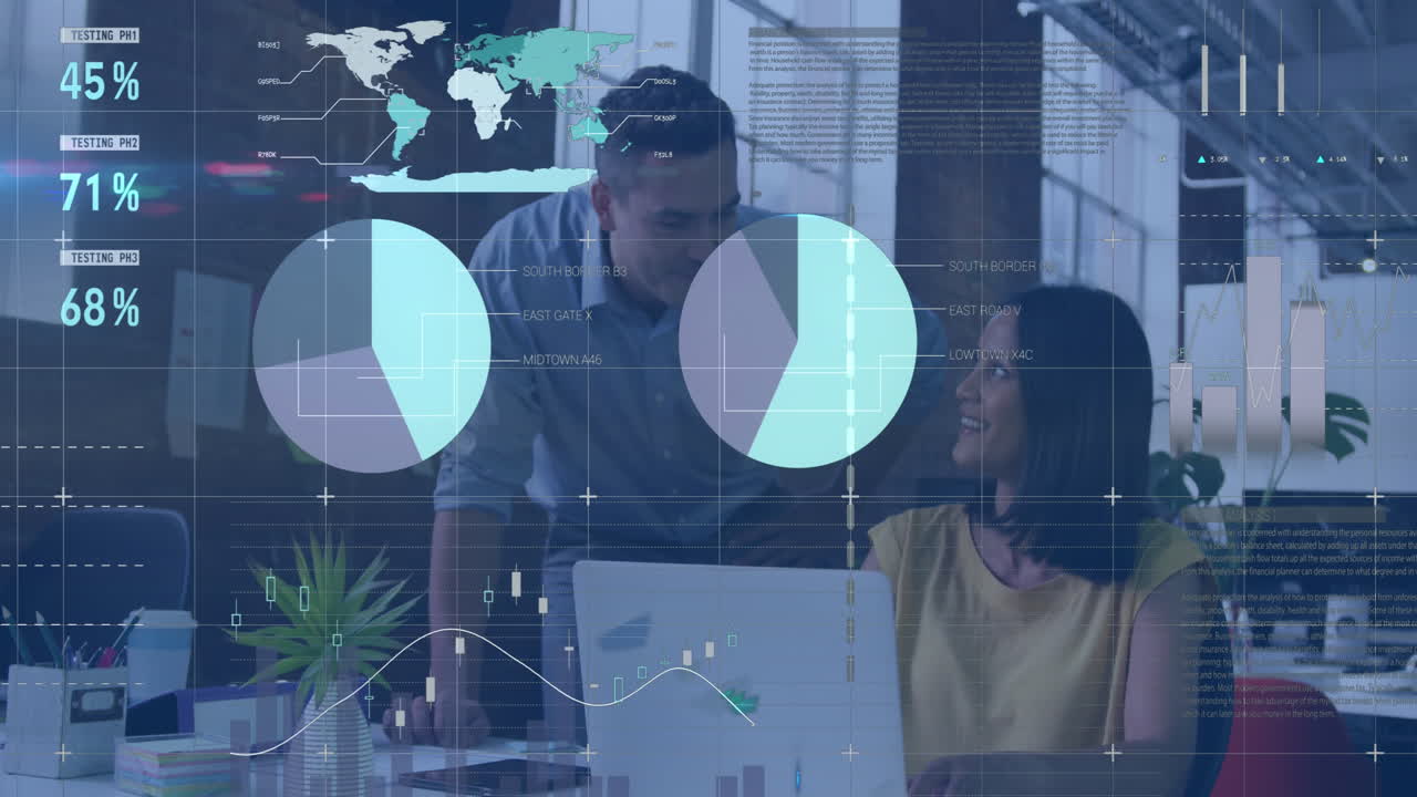 animación del procesamiento de datos estadísticos sobre hombres y mujeres diversos discutiendo sobre computadora portátil en la oficina