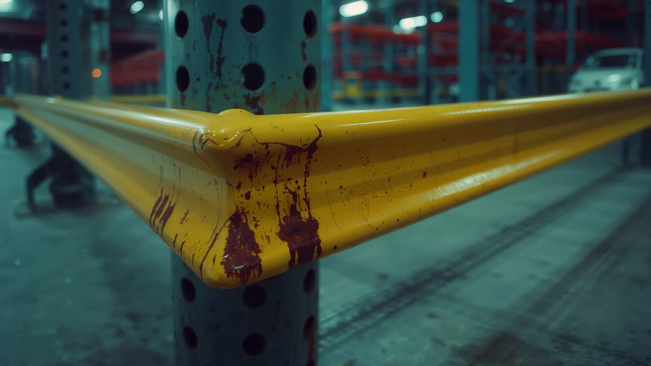 Camera lens shifting focus and revealing yellow guard rail at warehouse, with racks and vehicle