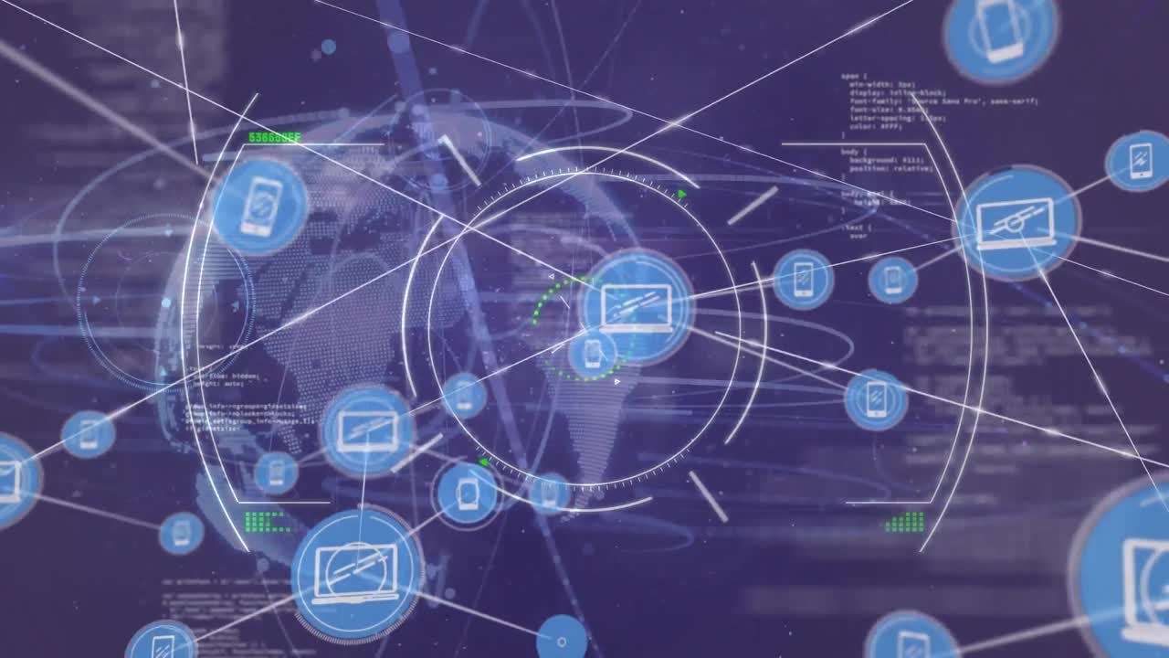 animación de una red de iconos digitales contra rastros de luz sobre un globo giratorio sobre un fondo púrpura