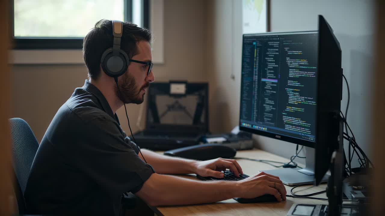Editing developer at desk, reading highlighted code on monitor, typing, clicking mouse, copy space