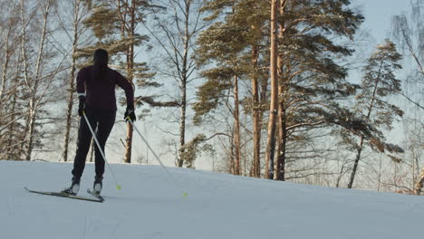 woman cross-country skiing in winter forest