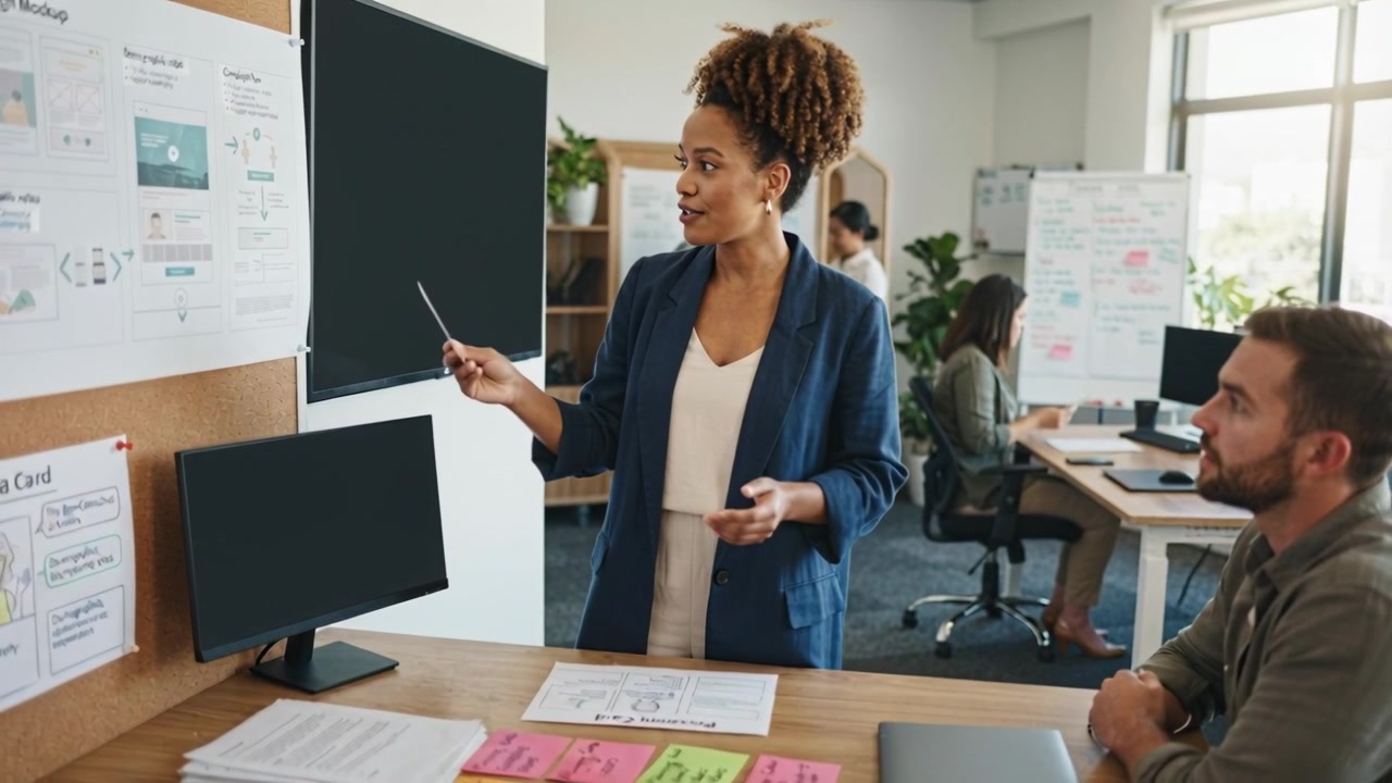 Picking card, woman in navy blazer presenting mockups at office, pointing at corkboard for review