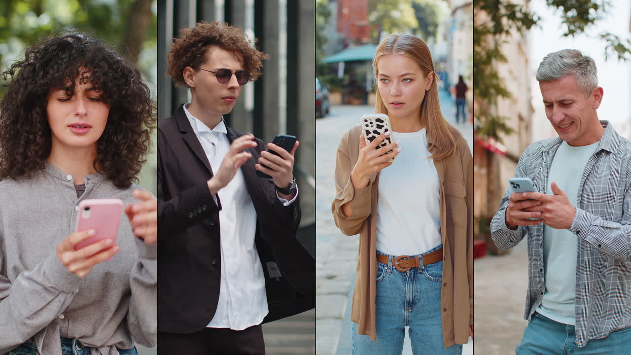 коллаж расстроенных, разочарованных людей, мужчин, женщин, использующих смартфоны, получают плохие новости, проигрывают игру.