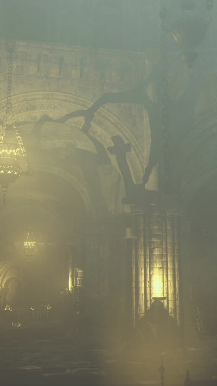 Mysterious illuminated cavern with smoke and shadows in an ancient setting