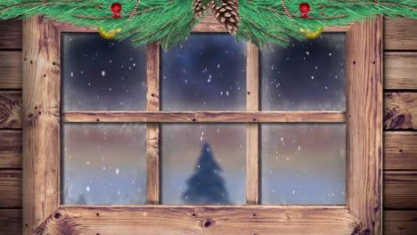 Digitale-Animation-Eines-Weihnachtskranzes-Auf-Einem-Hölzernen-Fensterrahmen-Gegen-Fallenden-Schnee