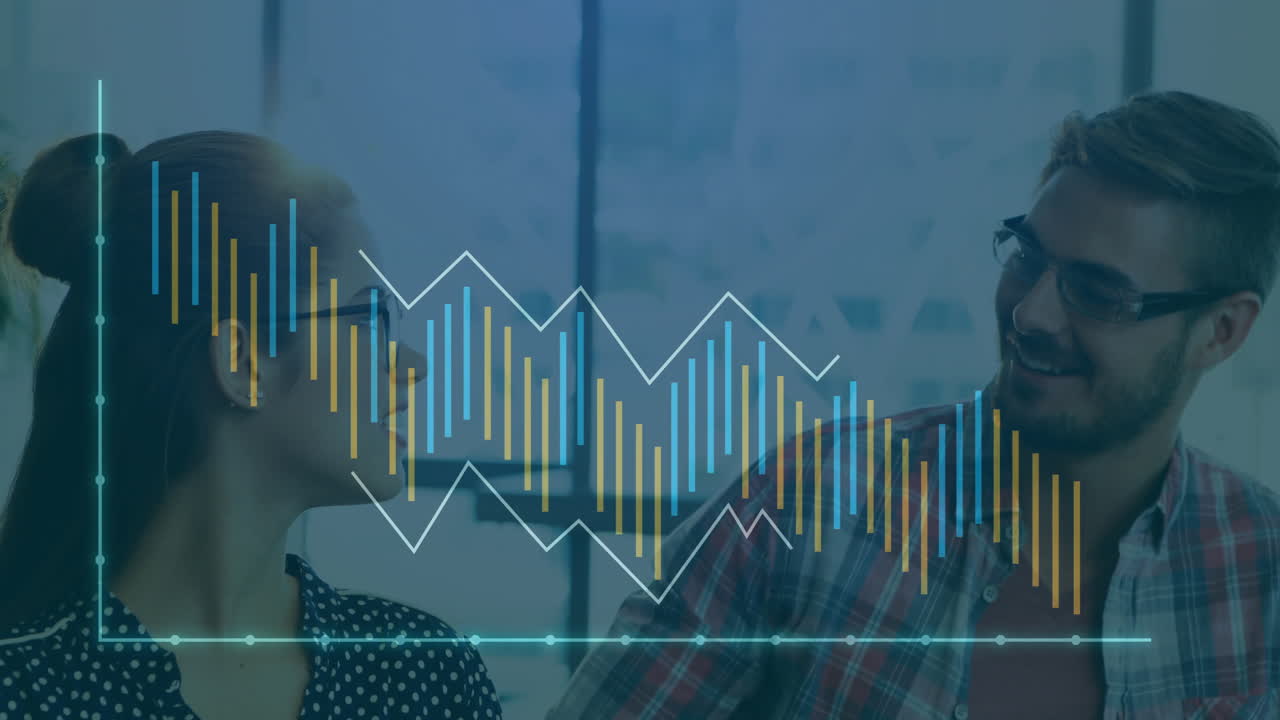 Animazione di grafico dati finanziari su diverse persone d'affari in ufficio