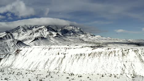 Aerial,-tracking,-drone-shot,-overlooking-geological-formations-and-the-snowy-Clark-mountain,-at-a-pass,-on-Interstate-15,-on-a-sunny,-winter-day,-in-California,-USA