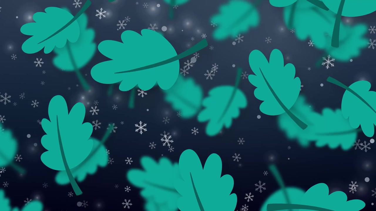 Stylized teal oak leaves drift downward through falling snowflakes on a dark blue background.