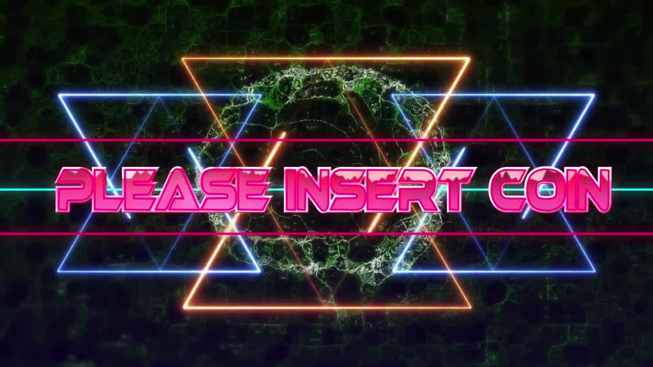 animación de por favor insertar texto de la moneda en letras rosadas sobre el patrón de interfaz digital