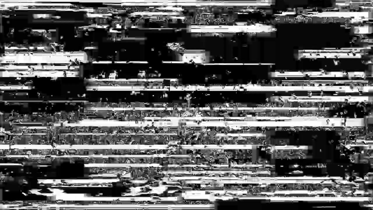 Glitch digitale e rumore statico che sfumano nel nero.