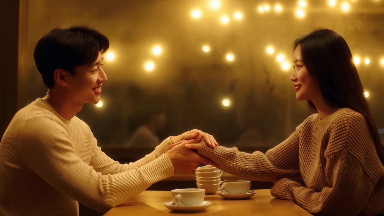 Couple Holding Hands Across Table, Warm Cafe Lights, Smiling Faces, Two Cups Of Coffee, Intimate Conversation
