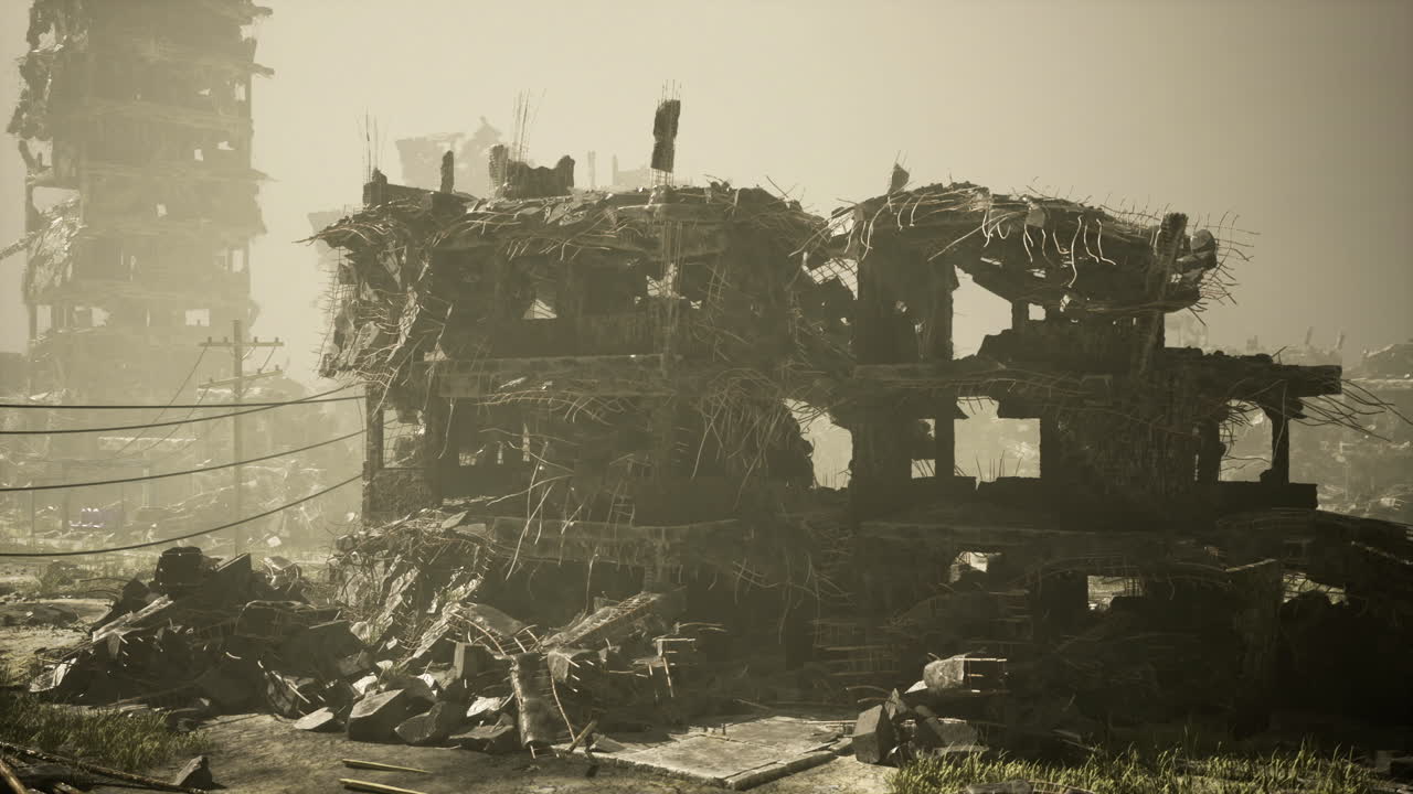 Il sole inonda un edificio in rovina con piante rigogliose che fuoriescono dalle fessure.