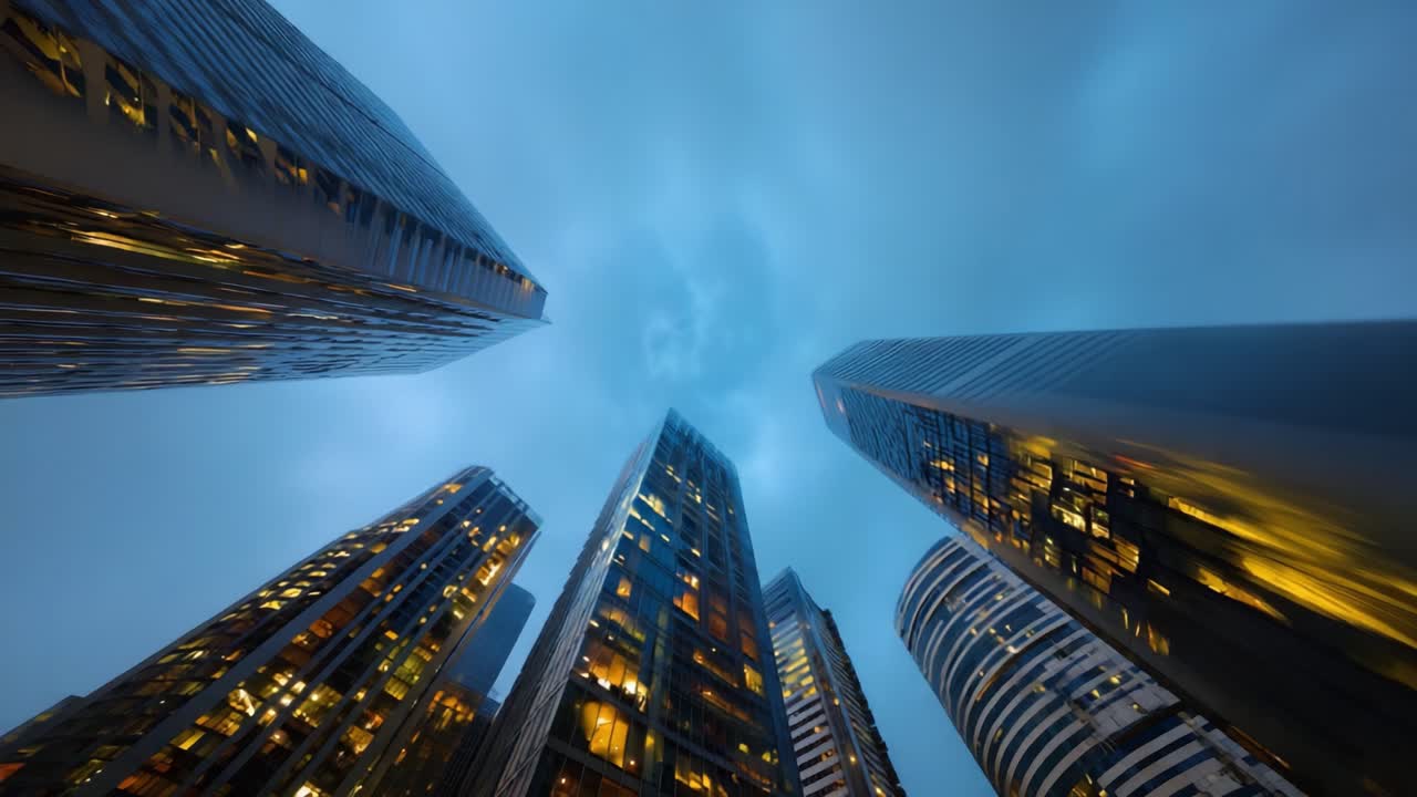Drammatica vista verso l'alto di grattacieli urbani illuminati al crepuscolo, che cattura l'essenza dell'architettura moderna in una mistica atmosfera nuvolosa