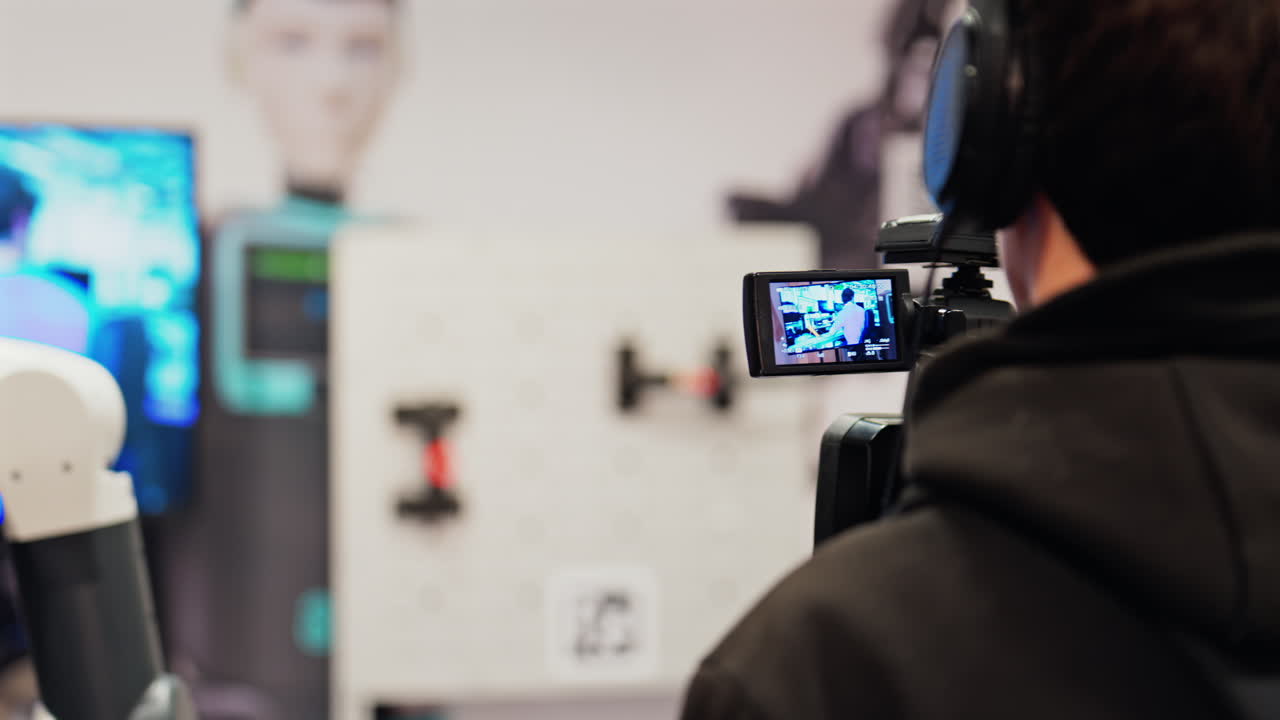 Man filming a humanoid robot with a professional camera at a conference