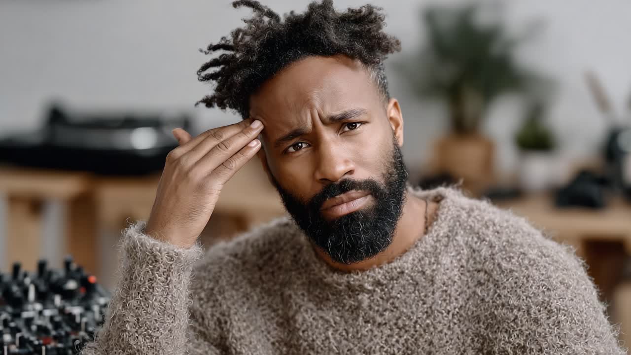 A thoughtful man in a cozy sweater reflects on an unseen dilemma, displaying a mix of concern and contemplation in a cozy indoor setting with subtle background details