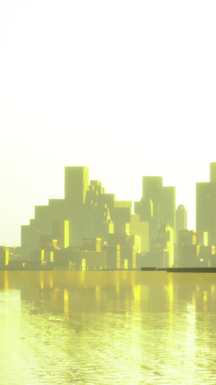Luminoso skyline cittadino che si riflette sull'acqua al tramonto.
