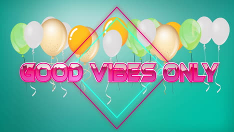 animation of good vibes only text over balloons on green background