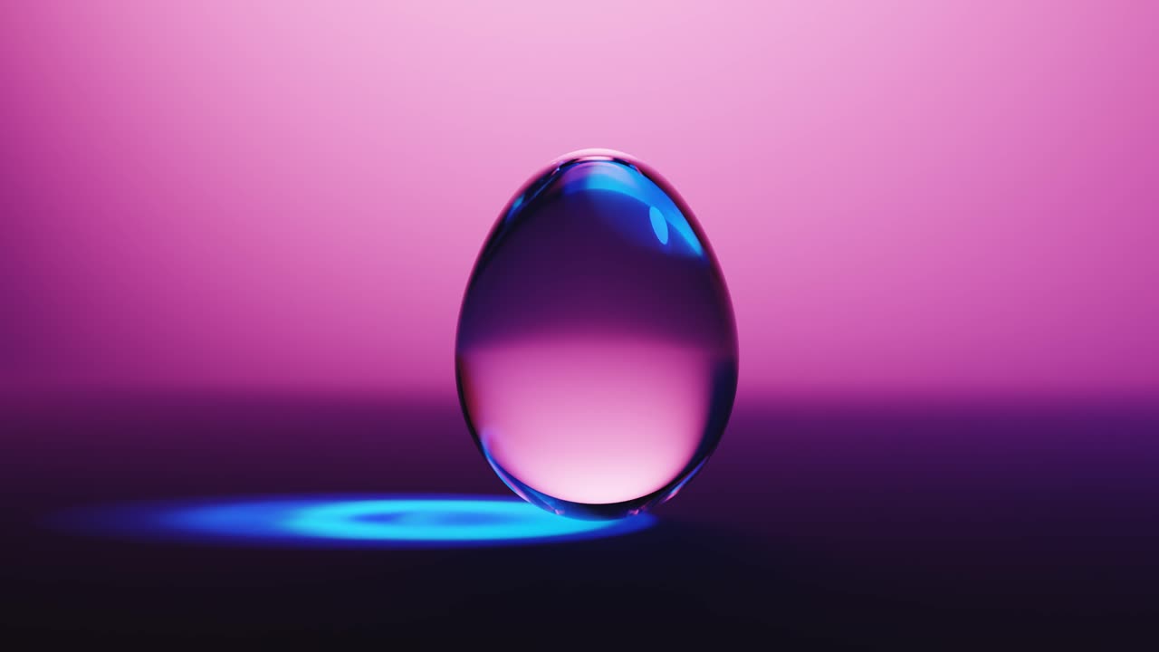 Oggetto a forma di uovo trasparente con riflessi di luce rosa e blu vibranti