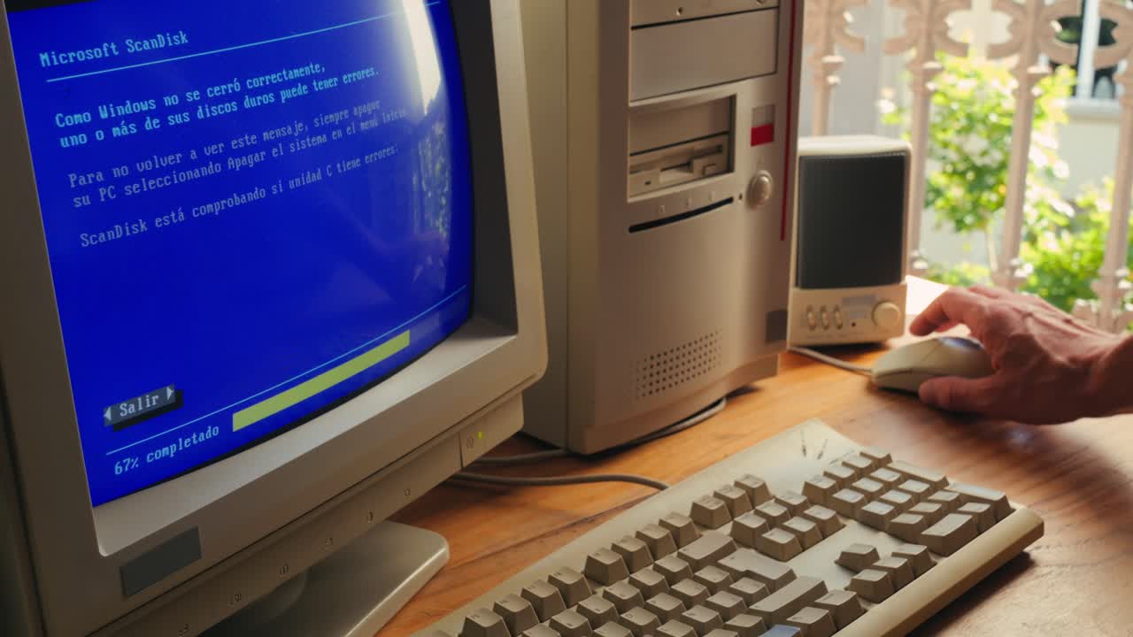 Vintage Computer with Blue Screen Error