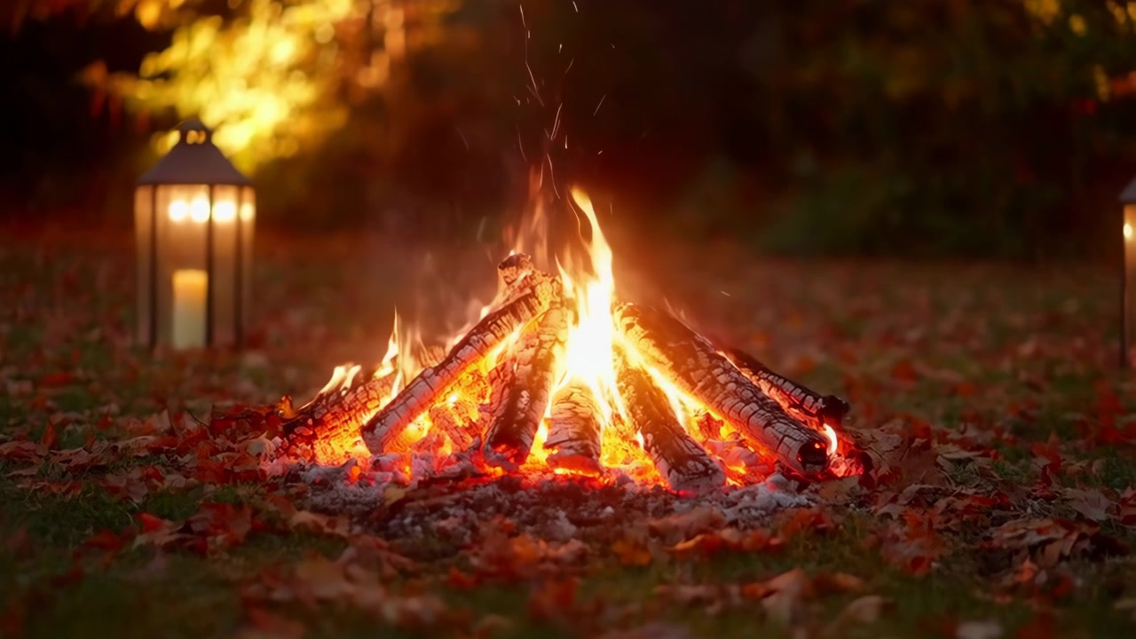Scena ravvicinata a bassa angolazione di tronchi accatastati che bruciano su erba cosparsa di foglie, che mostra alte fiamme giallo-arancio, braci ardenti, scintille che si disperdono, colonna di fumo verticale, caldo bagliore di lanterna e un ambiente esterno rustico