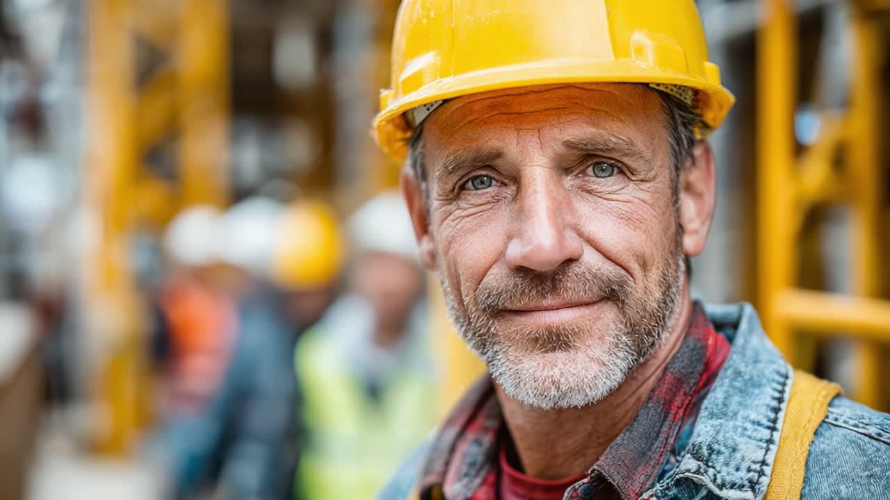 Confident Construction Worker Smiles Between Job Tasks, Demonstrating Dedication and Expertise in a Busy Work Environment with Co-Workers in the Background
