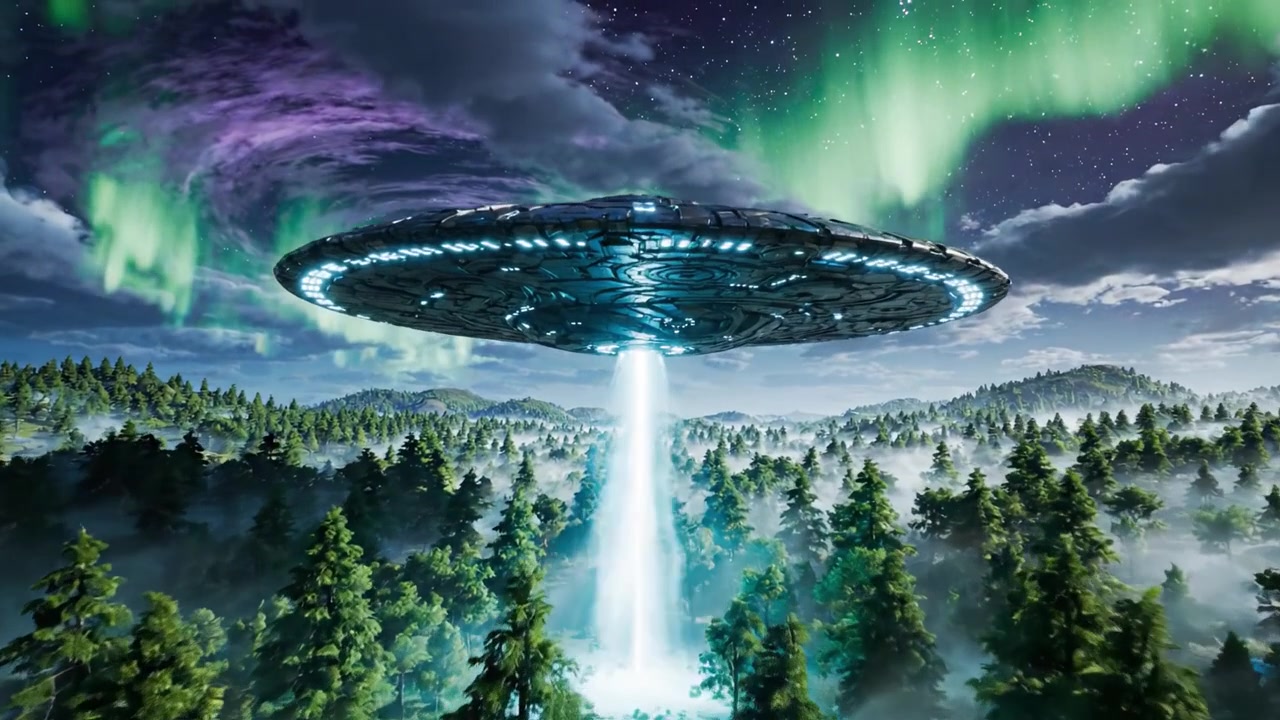 A Mysterious UFO Suspends Above Enchanted Forest Under Illuminating Northern Lights, Exploring the Wonders of Extraterrestrial Life Amidst Nature's Beauty