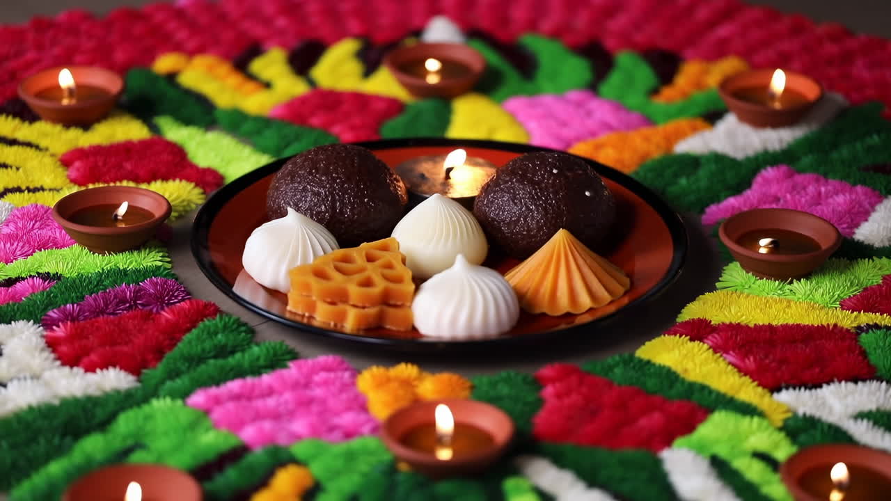 Diyas accese e dolci tradizionali su un vivace Rangoli festivo
