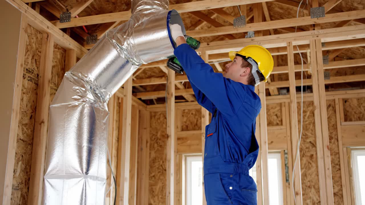 Construction Worker Installing Ductwork